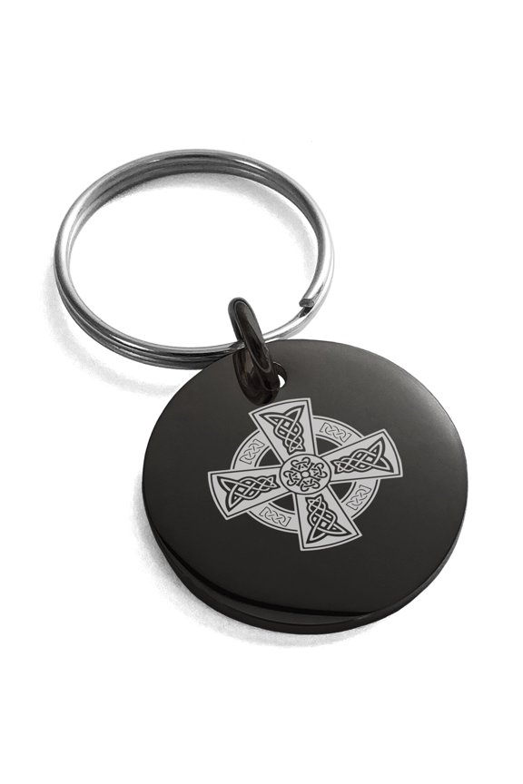 Stainless Steel Celtic Cross Rune Knot Engraved Small Medallion Circle Charm Keychain Keyring