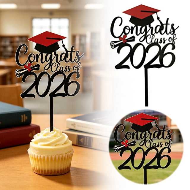 Tong Congrats Class Of 2026 Cake Topper Red Glitter Graduation Cap & Diploma Cake Graduation Party Cake For 2026 Graduation Celebration Senior Grad Party