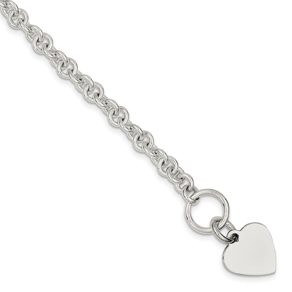 925 Sterling Silver Polished 6mm Heart Charm Toggle Bracelet 7.5" 