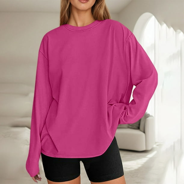 MHFRRA Camiseta de Manga Larga Oversize de Moda, Informal, Básica, con Cuello Redondo, para Uso Diario. Rosa Fuerte