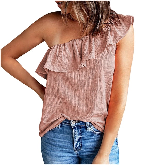 ohmzyzo Womens One Shoulder Tops Ruffled Solid Color Tunic Shirts Summer Sleeveless Loose Tank Top