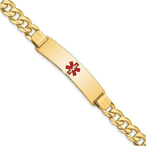 Primal Gold 14 Karat Yellow Gold Medical Red Enamel Flat Curb Link ID Bracelet