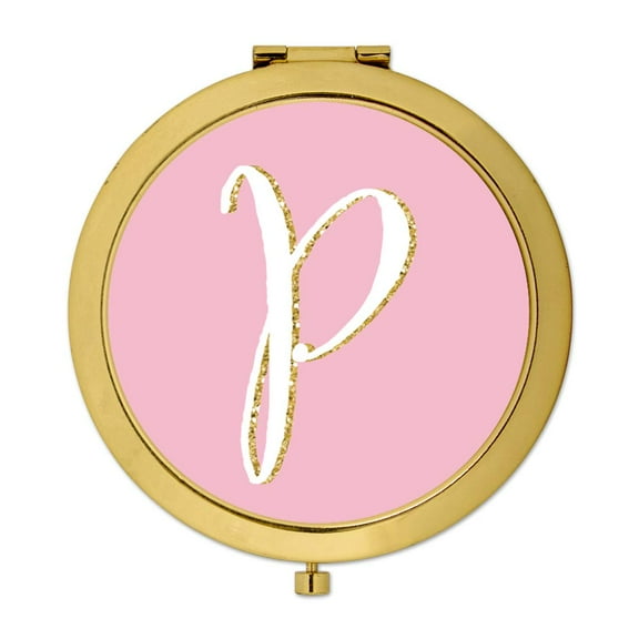 Koyal Wholesale Gold Compact Mirror Bridesmaid's Wedding Gift, Blush Pink Faux Gold Glitter, Monogram Letter P, 1-Pack