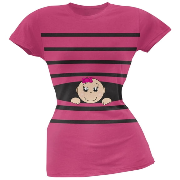 Striped Peeking Baby Girl Pink Soft Juniors T-Shirt - Large