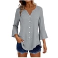 thumbnail image 2 of Craaazy Women's Relaxed Fit V Neck Blouse, Solid Color 3/4 Sleeve Flare Cuff Top, Loose Comfy Button Accent Casual Tee for Spring & Summer Gifts, 2 of 7