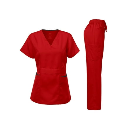 

Dagacci Medical Uniform Women s Scrubs Set Stretch Ultra Soft Contrast pocket (Red X-Small)