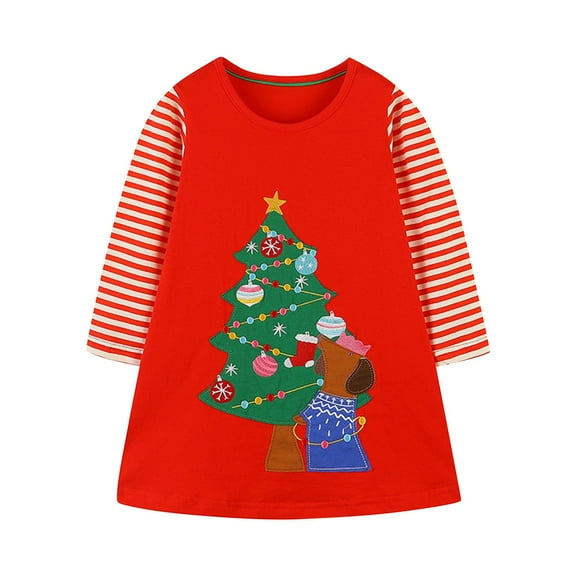 Odeerbi Toddler Girls Long Sleeve Christmas Dress Fall Winter Cotton Dress Fashion New Pleated Round Neck Printed Princess Dress Red