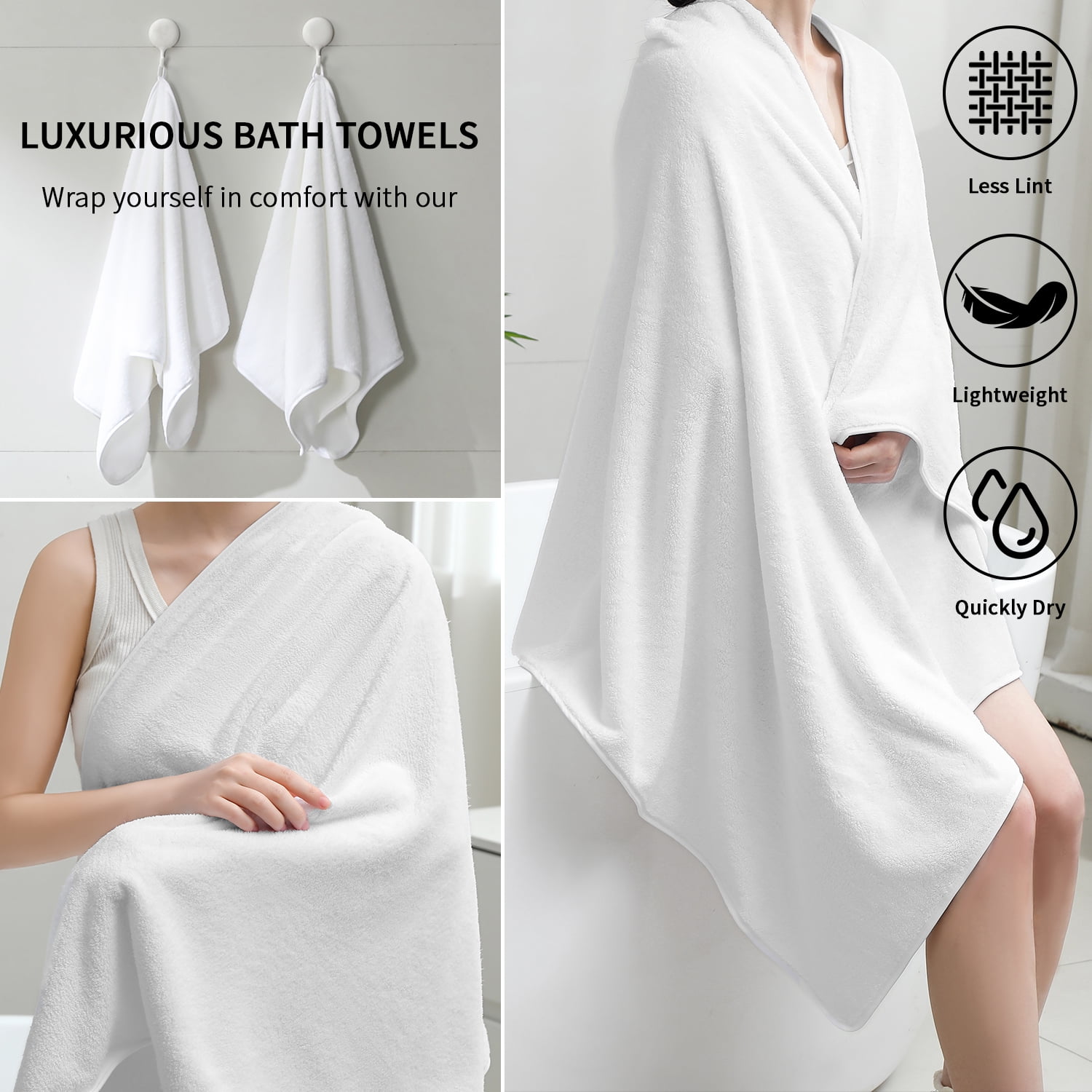 Beartech 8 Piece Bath Towels Set-2 Bath sheet,2 Hand Towel,4 Washcloths,Soft Lightweight Family Towel Highly Absorbent Microfiber Towel Quickly Dry & Less Lint Shower towel for Bathroom-White