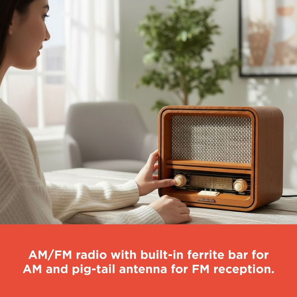 RadioShack Retro AM/FM Radio with Bluetooth, Dual 5W Speakers, Analog Tuning, Wooden Finish, Model 4001796