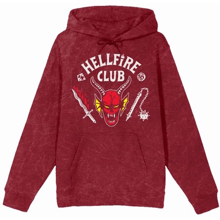 Stranger Things Hellfire Club Men's Red Mineral Wash Long Sleeve Hooded Sweatshirt - XL
