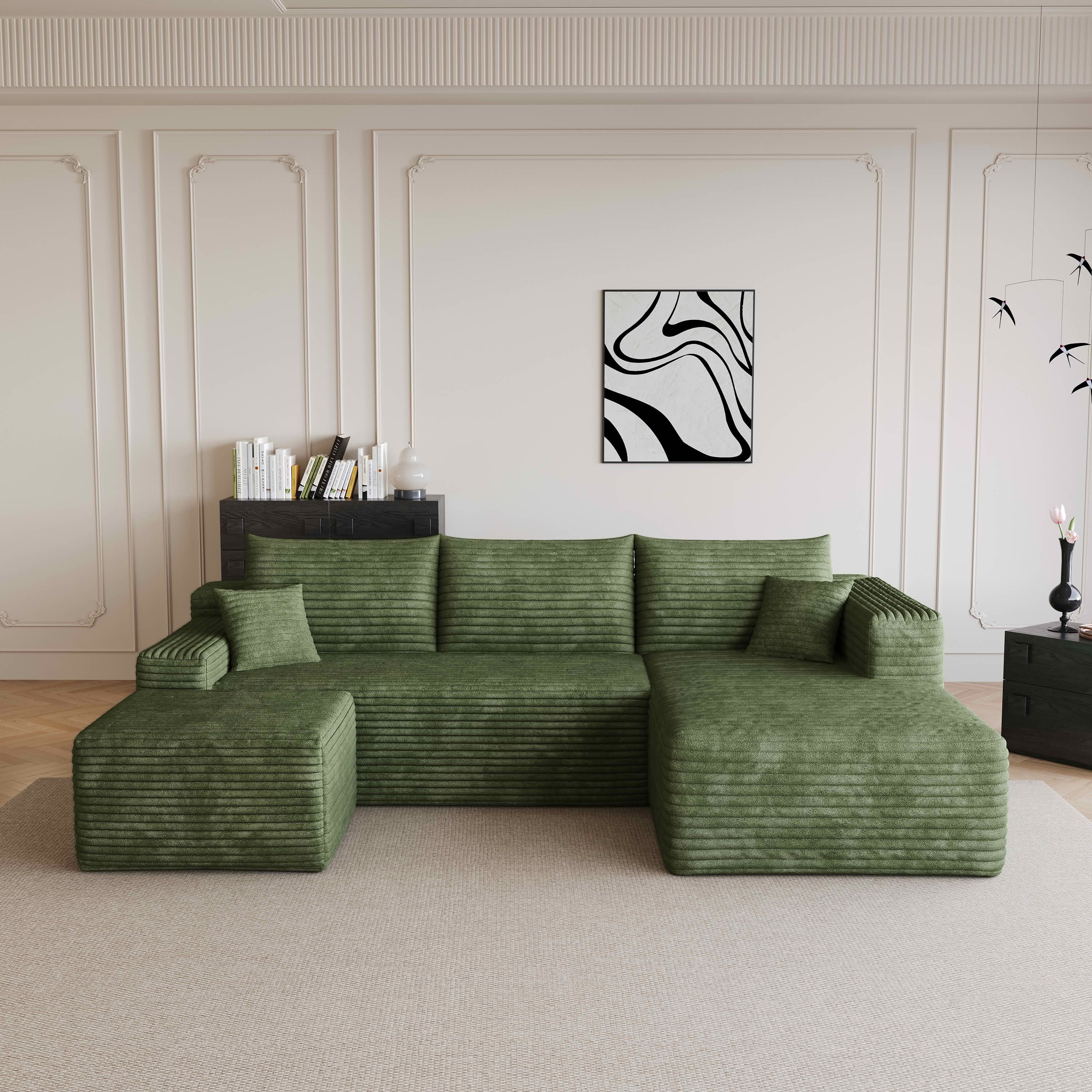 MAYEERTY 95" Cloud Sectional Sofa with Ottoman, U-Shaped Corduroy Deep Seat Couch, No Assembly for Living Room, Green