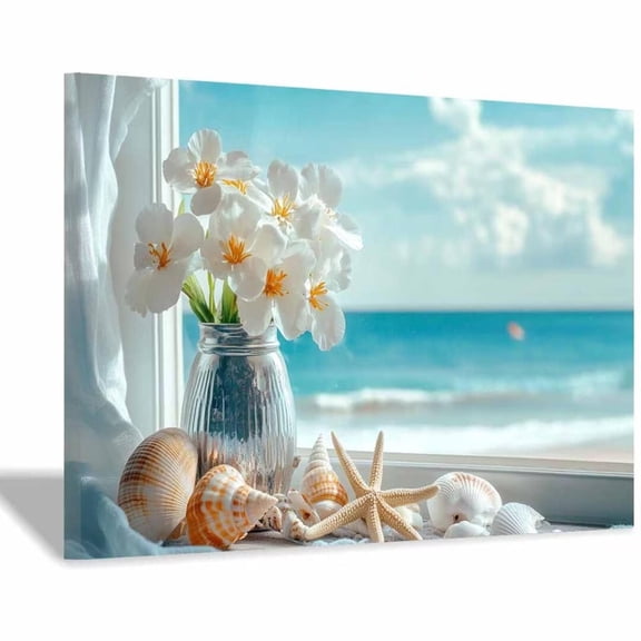 Mudket Coastal Window Scene with Flowers and Seashells Canvas Wall Art, Floral Nautical Wall Decor, Framed Ready to Hang Artwork for Living Room Bedroom - 12"L x 8"W