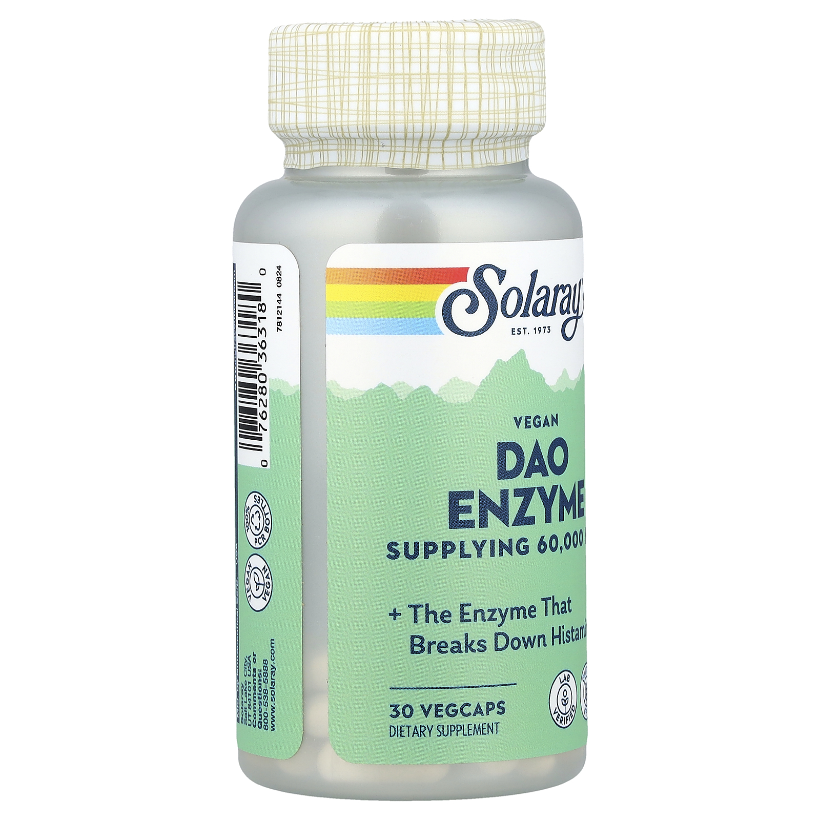 SOLARAY DAO Enzyme - Digestive Enzyme That Breaks Down Histamine - 60,000 HDU - Digestive Enzymes - Vegan, Gluten Free, Lab Verified - 30 Servings, 30 VegCaps