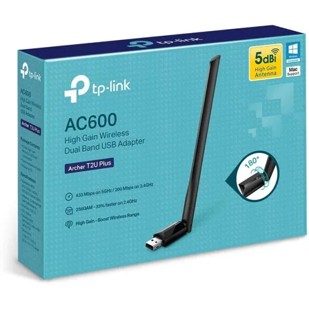 Tp-Link Ac600 T2U Plus High Gain Wireless Dual Band Usb Adapter 433Mbps On 5Ghz