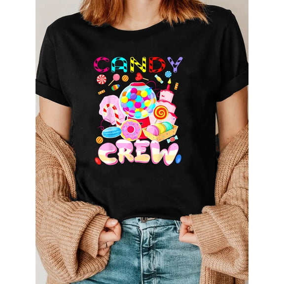Candy Printed Crewneck T-shirt, Casual Everyday Top tshirt