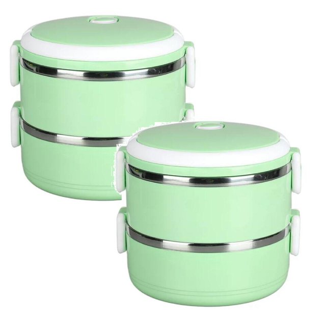 Oleegame 2PC Produce Storage Thermal Lunch Box Stackable Hot Food Insulated Box 304 Stainless Steel Round Lunchbox Sealed Food Containers Stackable Thermal Lunch Box Thermal Lunchbox Green