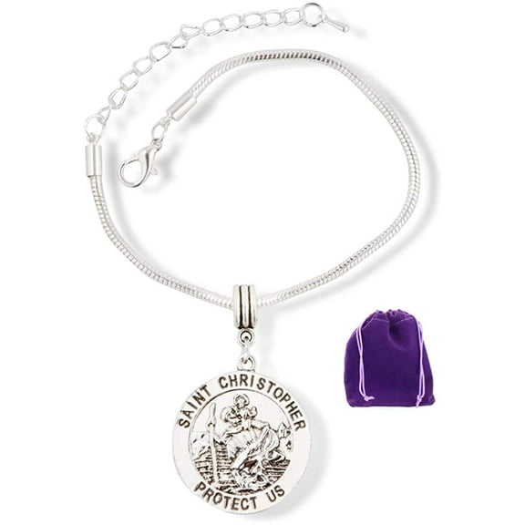 St Christopher Bracelet | Protect Us Charm Bracelet on Silver Plated Snake Chain Protect Us Medal Travellers Protection Gift for Women or Men Patron Saint Jewelry