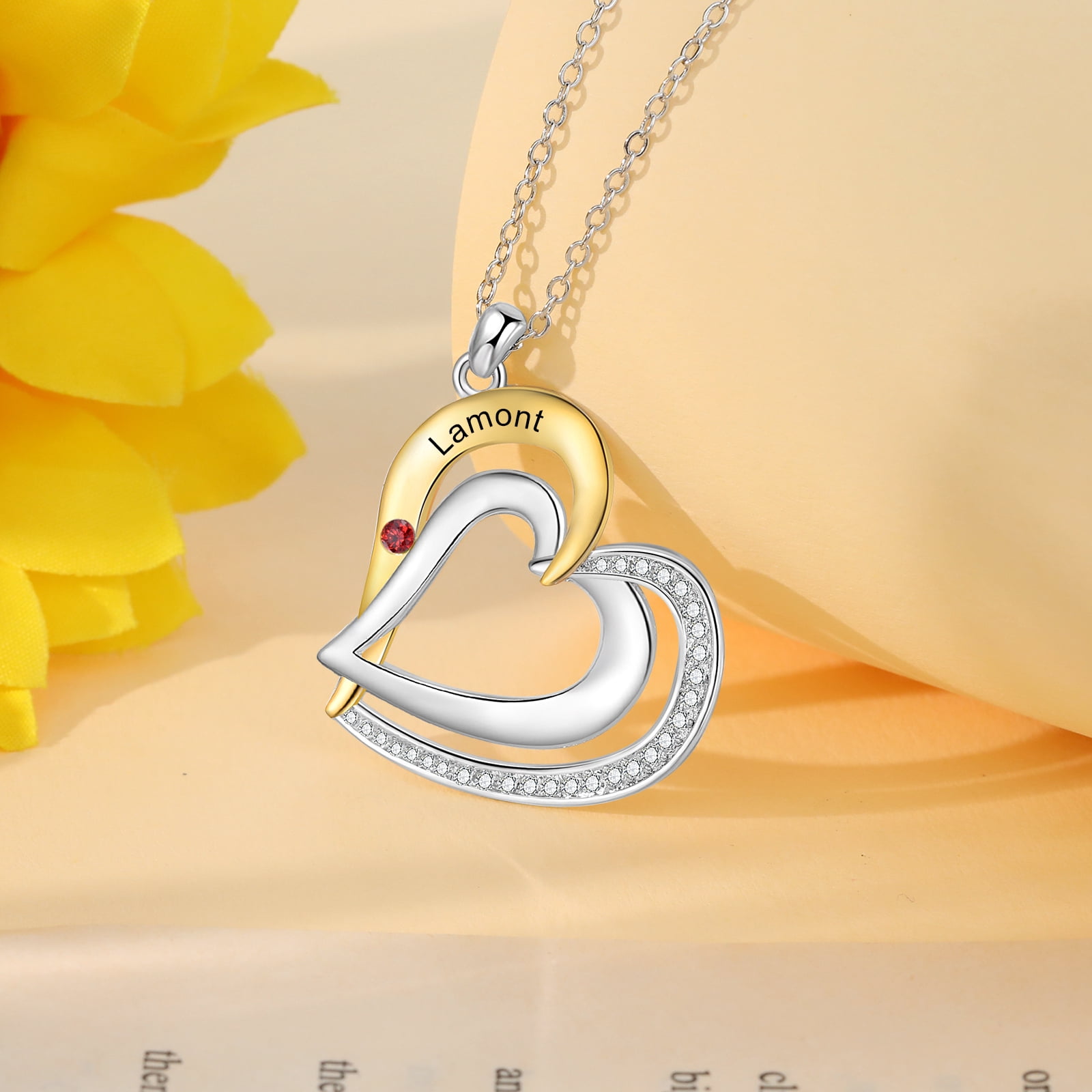 Mementos Personalized Heart Family Necklace for Women Sterling Silver with Birthstone and Name