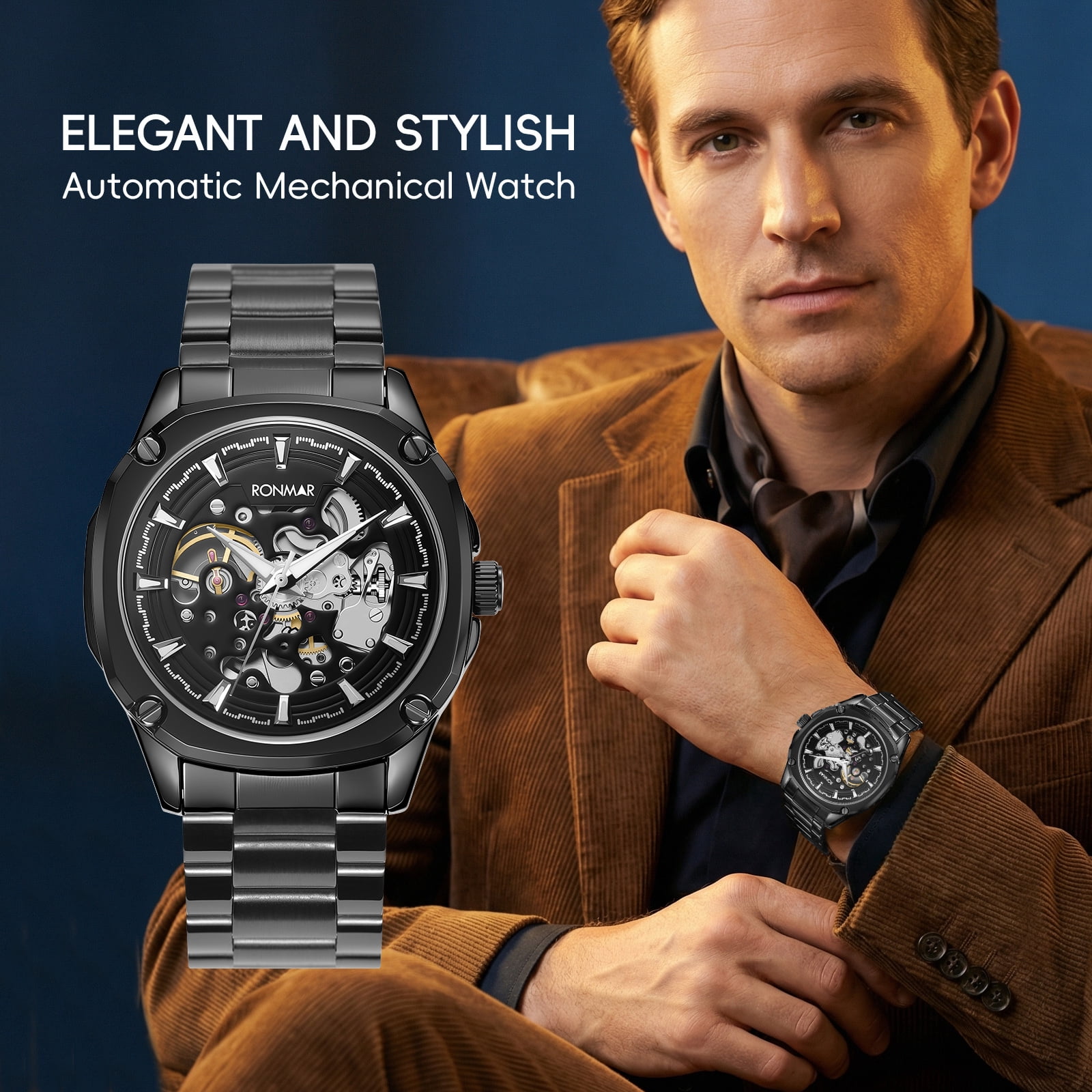 SKMEI Men's Automatic Mechanical Watch Skeleton Waterproof Stainless Steel Mens Watches Fashion Analog Watch for Men