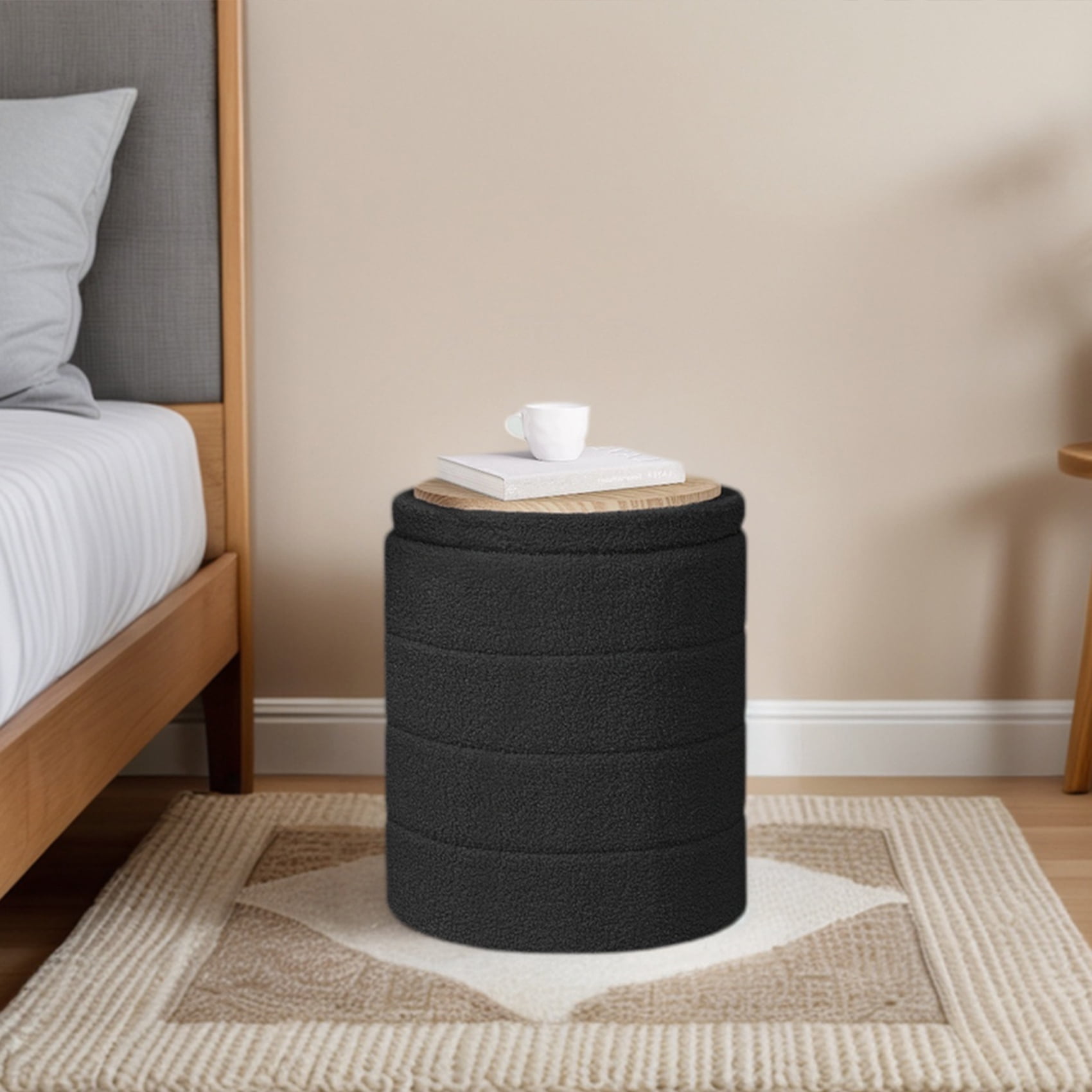 B FSOBEIIALEO 14.6inch Collapsible Storage Ottoman Round with Tray Teddy Fabric Living Room Bedroom Ottoman with Storage(Black)