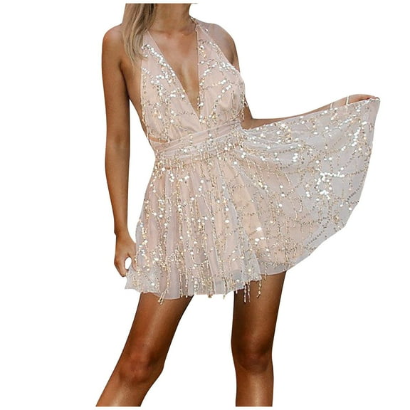 New Years Eve Dresses For Women Sequin Voile Slim V-Neck Elastic Mini Banquet Party Dress