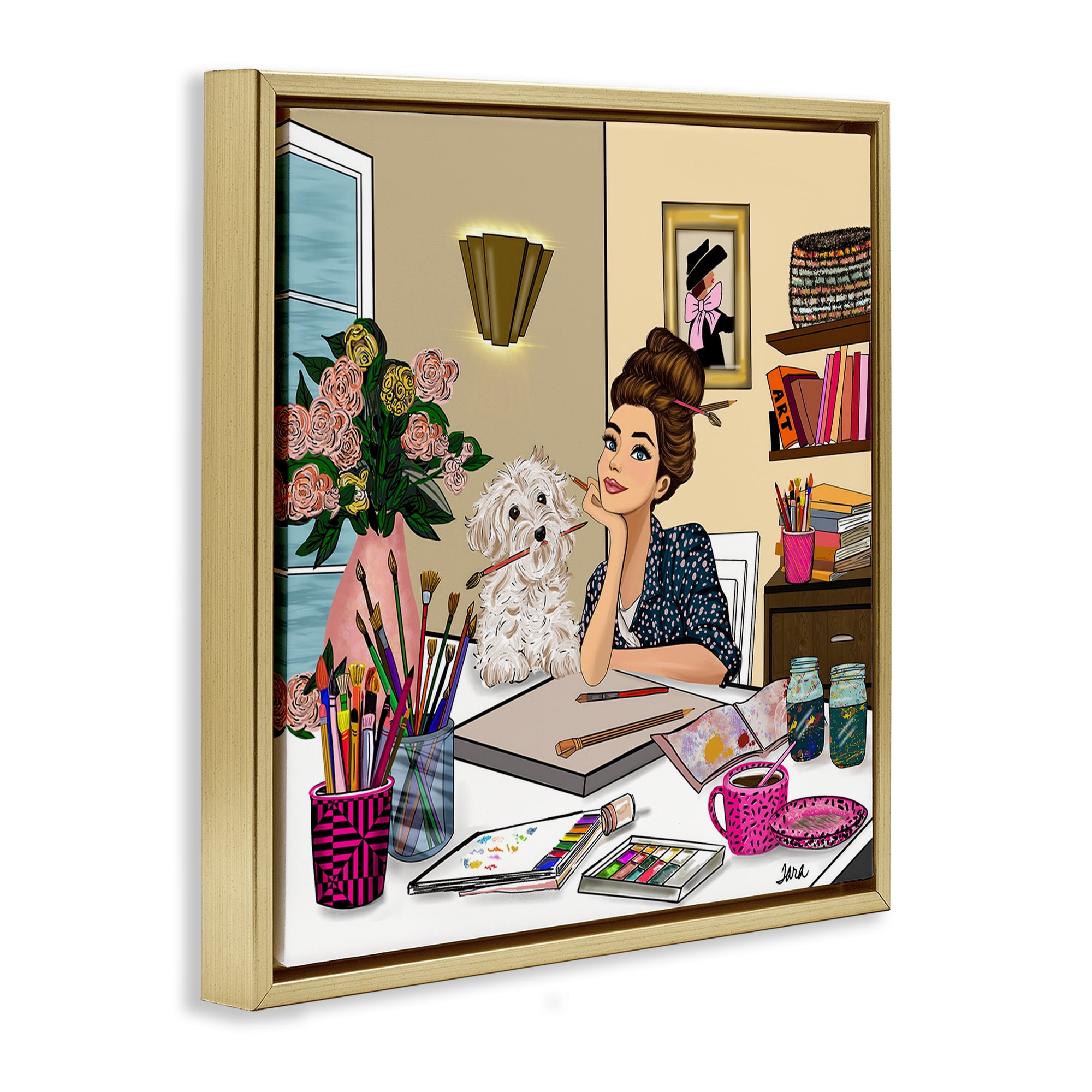 Stupell Industries Creative Art Girl at Desk Gold Framed Floater Canvas Wall Art, design by Tara Boone