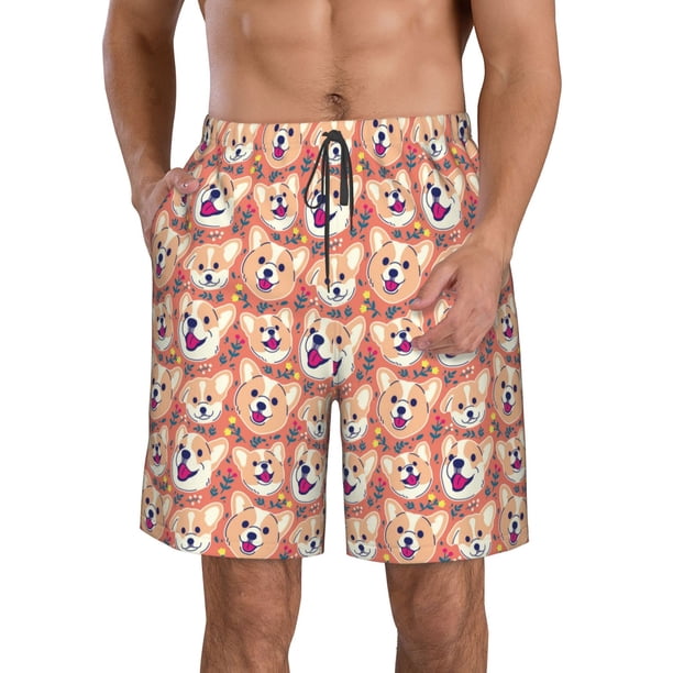 Fotbe Corgi Head with Floal Trajes de Baño Estampados para Hombre, Shorts de Verano de Secado Rápido, Ropa de Playa, Bañadores-Medium