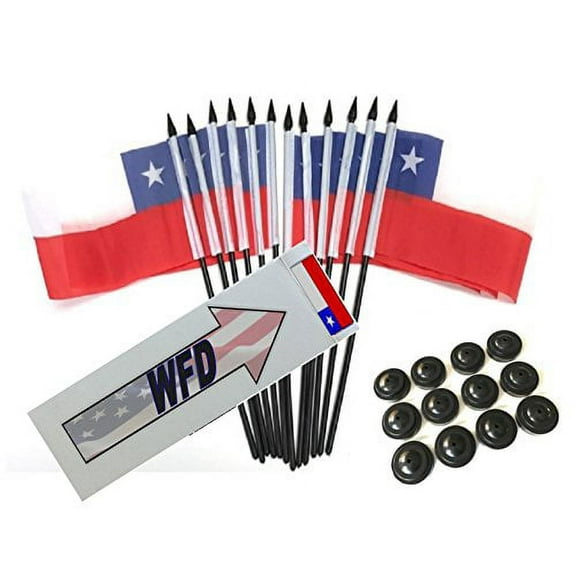 Pack of 12 4"x6" Chile Polyester Miniature Desk & Little Table Flags, 1 Dozen 4"x 6" Chilean Small Mini Hand Waving Stick Flags with 12 Flag Bases (Flags with Stands)