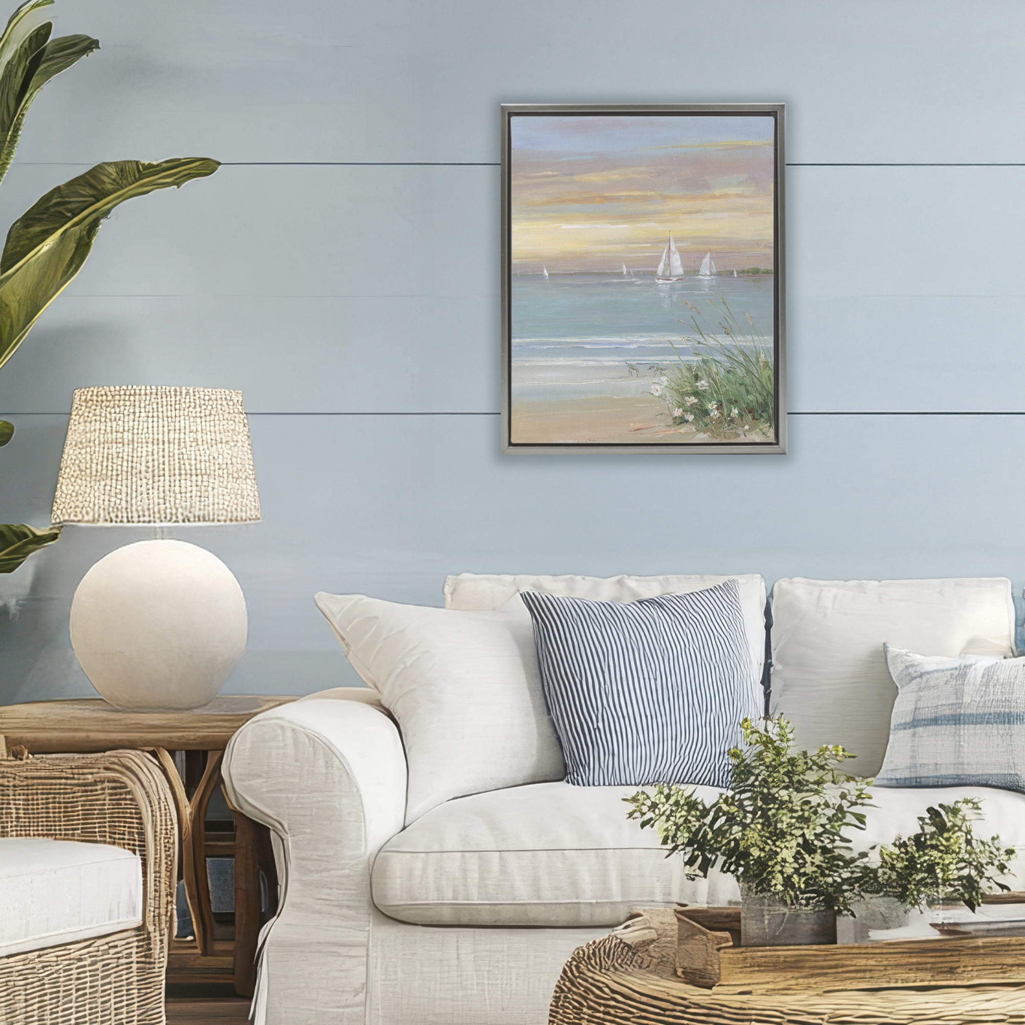 Stupell Industries Sailboats Beyond Sandy Shore Gray Framed Floater Canvas Wall Art, design by Sally Swatland