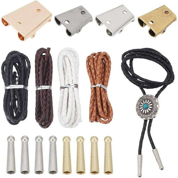 16 Pcs Bolo Tie Findings Kit Bolo Tie Buckle Accessories with 8Pcs Alloy Cord End 4Pcs Iron Bolo Tie Slide Clasps and 4.36 Yards(4m) Leather Necktie Cord for Bolo Tie Making diy