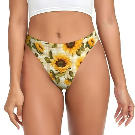 Qokaie Scottish Plaid Sunflower Printed Women s Cotton Thong Underwear  Sexy Breathable Panties G-string -XX-Large