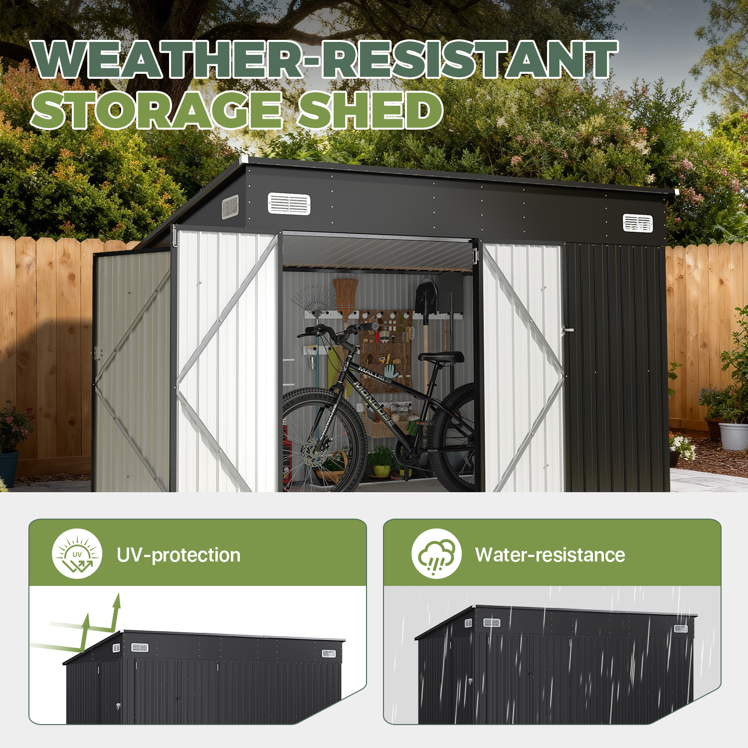 BaPiPro 10'x8' Heavy Duty Metal Storage Shed, Large Outdoor Storage with Lockable Triple Doors & Vents, Lean-to Tool Shed for Garden, Backyard, Patio - Black