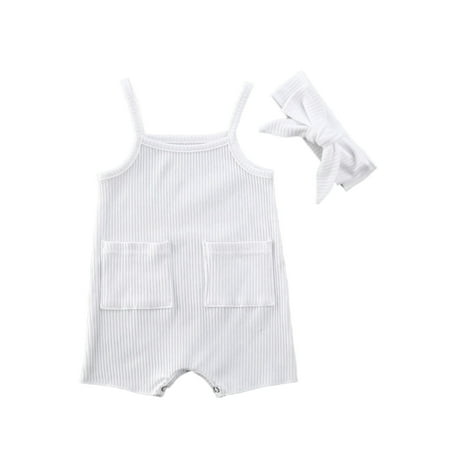 

Newborn Girls Romper Cotton Sleeveless Ribbed Pocket Jumpsuit With Headband