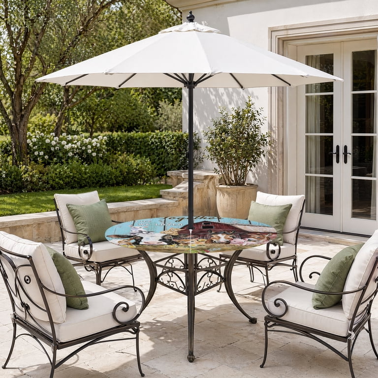 barn patio dining with umbrellas Olilawn 15ft Large Double-Sided Outdoor Umbrella OL-HT031 and an elegant centre Umbrella Hole Tables | Pottery