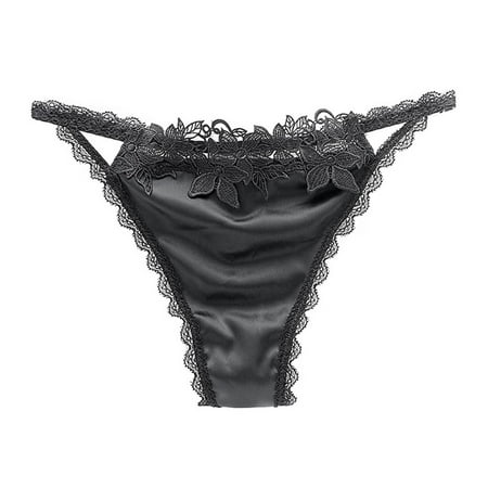 BUYISI Women Sexy Shiny Satin Lace Knickers Thongs Panties Ladies Seamless Underwear L Black