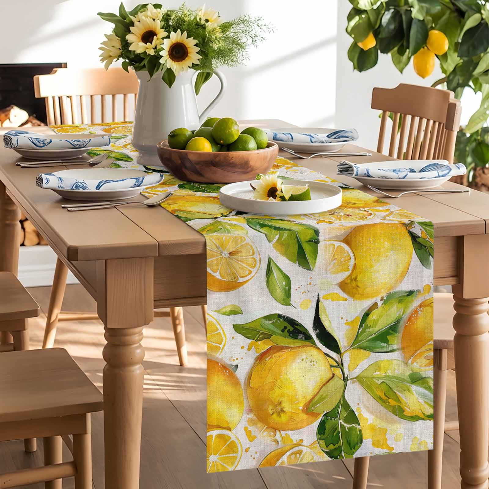 Yellow Lemon Watercolor Leaves Table Runner 90 Inches Long, Farm Fruit Harvest Table Runners Tabletop Scarf Kitchen Dining Tables Decoration for Home Party Indoor Outdoor