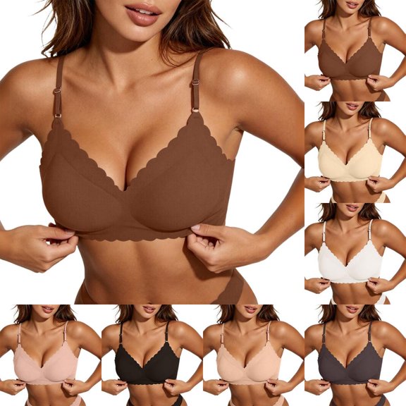 Bxsruta Women Seamless Wirefree Bra Adjustable Spaghetti Straps Scallop Edge Lounge Bralette Plus Size