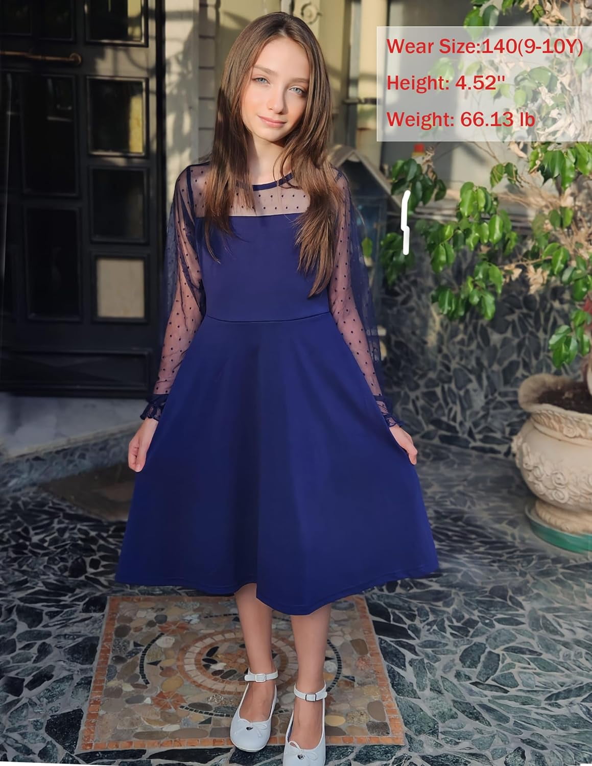 Oudiya Girls Mesh Puff Lantern Long Sleeve High Waist Formal