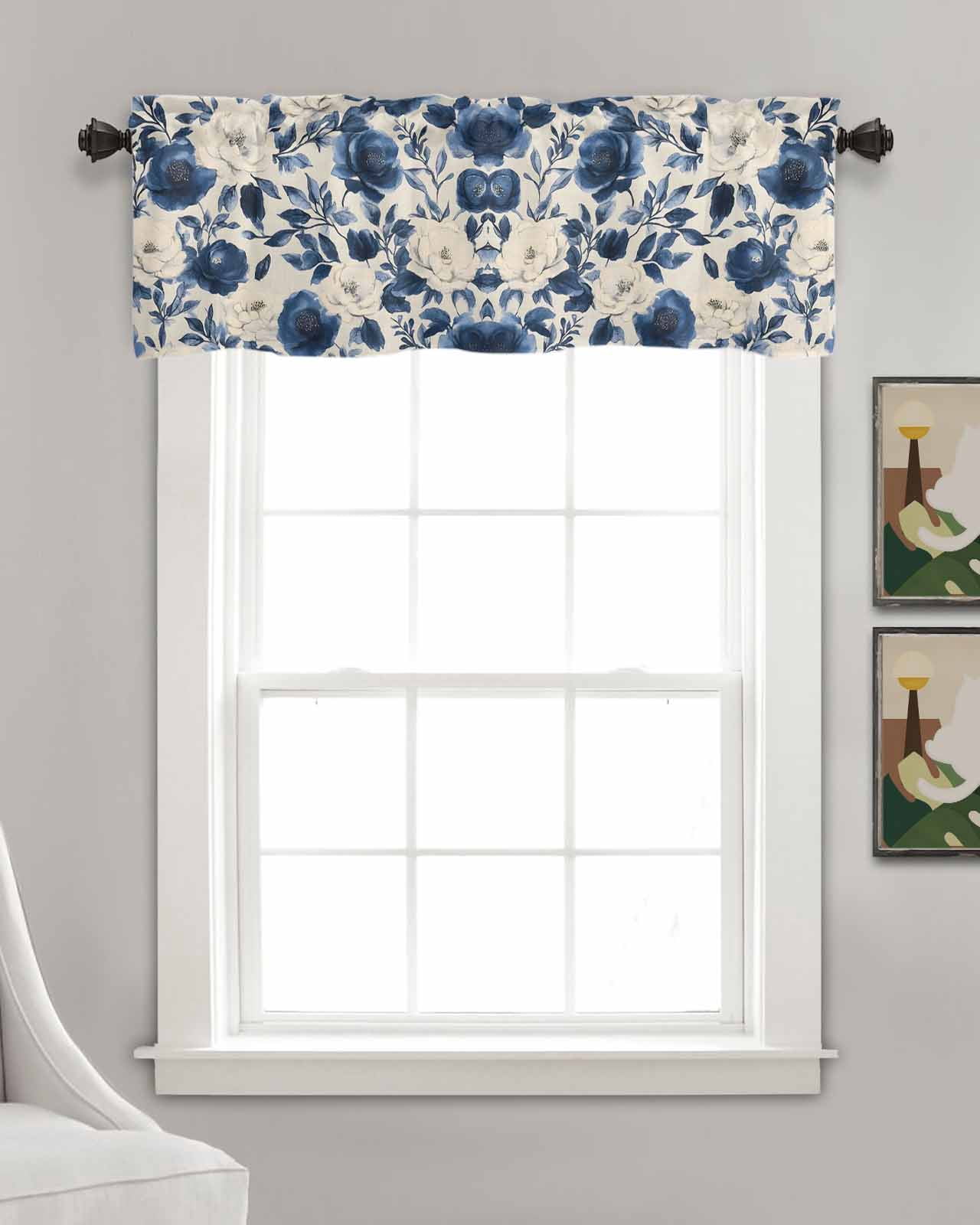 Navy Blue Beige Peony Kitchen Valances for Windows Farmhouse Linen Window Valance Curtain for Living Room Window Treatment Vintage Floral Blossom Botanical Valance Rod Pocket Topper, 54 x 18 Inch