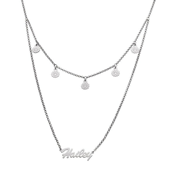 Personalized Planet Rhodium or Gold Plated Layered Name Necklace with Flower Charms ,Women's