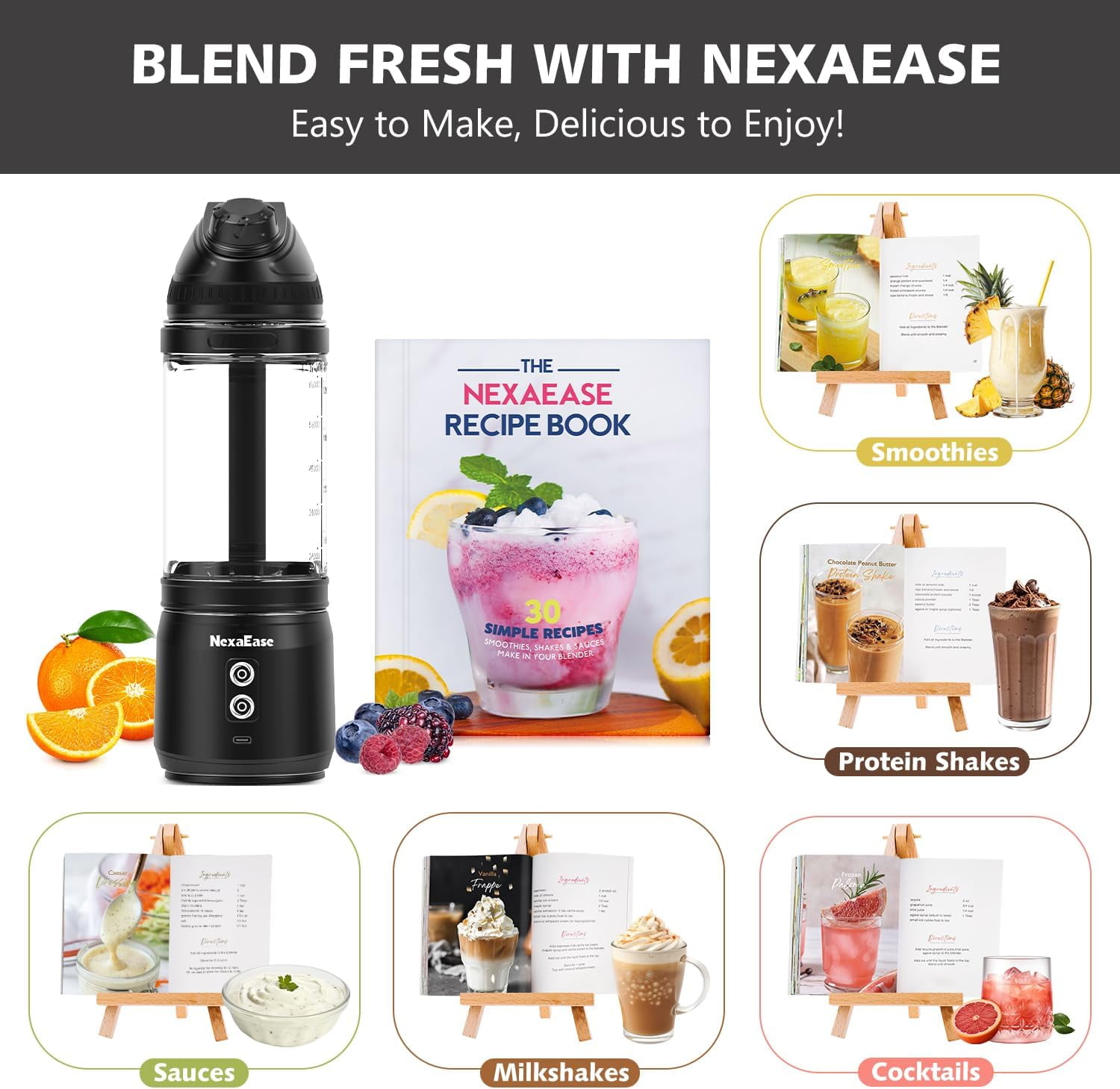 Portable Blender with Insulated Carrying Case & Recipe Book for Shakes and Smoothies, 20 OZ Personal Juicer Electric Protein Shaker Bottle, Mini Small Blender Cup with USB-C Rechargeable, Travel Lid
