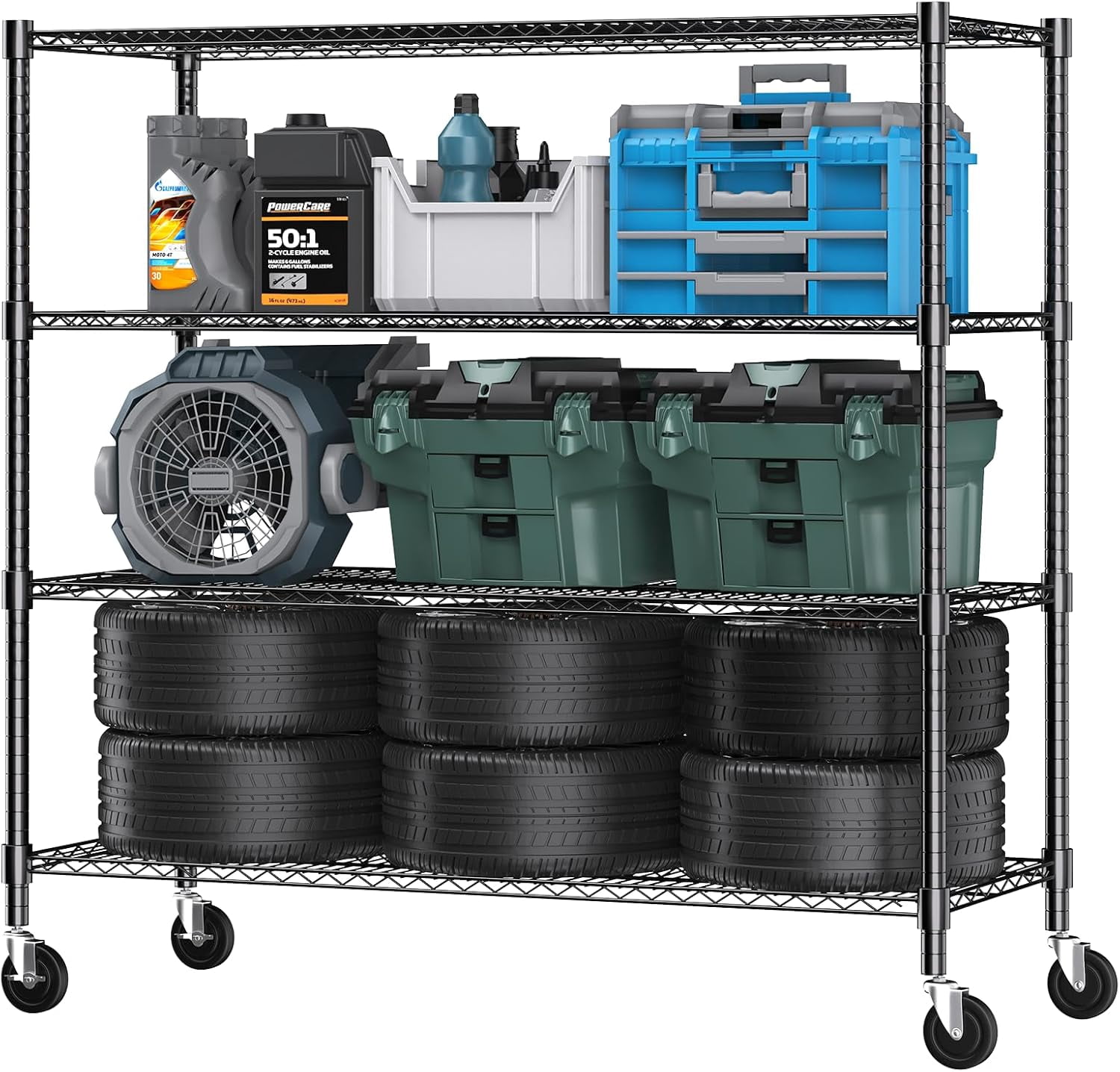 Sailvan 48"W x 18"D x 72"H Heavy Duty Wire Shelving Unit, 2600LBS Capacity 4-Tier Metal Storage Shelves with Wheels, Adjustable Garage Rack,Black