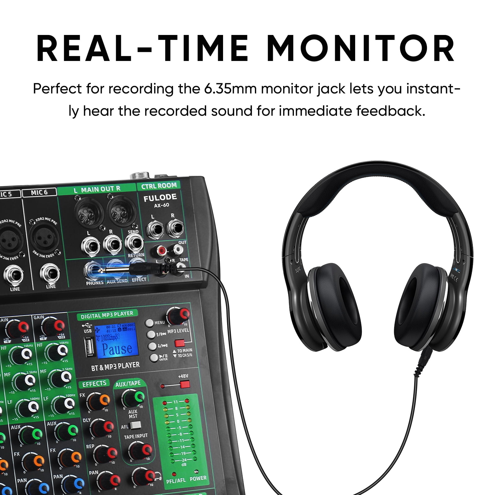 6 Channel Audio Mixer, Professional DJ Mixer Board Sound Music Mixing Console Digital Mixer with Reverb, Bluetooth, USB Port, 48V Phantom Power for Recording Karaoke Podcasting
