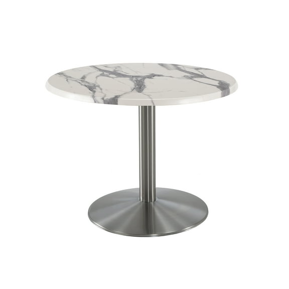 Indoor/Outdoor 30" Tall OD214 Stainless Steel Table Base with 22" Diameter Foot and 30" Diameter Indoor/Outdoor White Marble Top by the Holland Bar Stool Co.