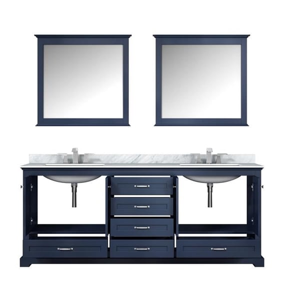 Dukes 80 in. Navy Blue Double Vanity, White Carrara Marble Top, White Square Sinks & 30 in. Mirrors with Faucets - 80 x 22 x 34 in.