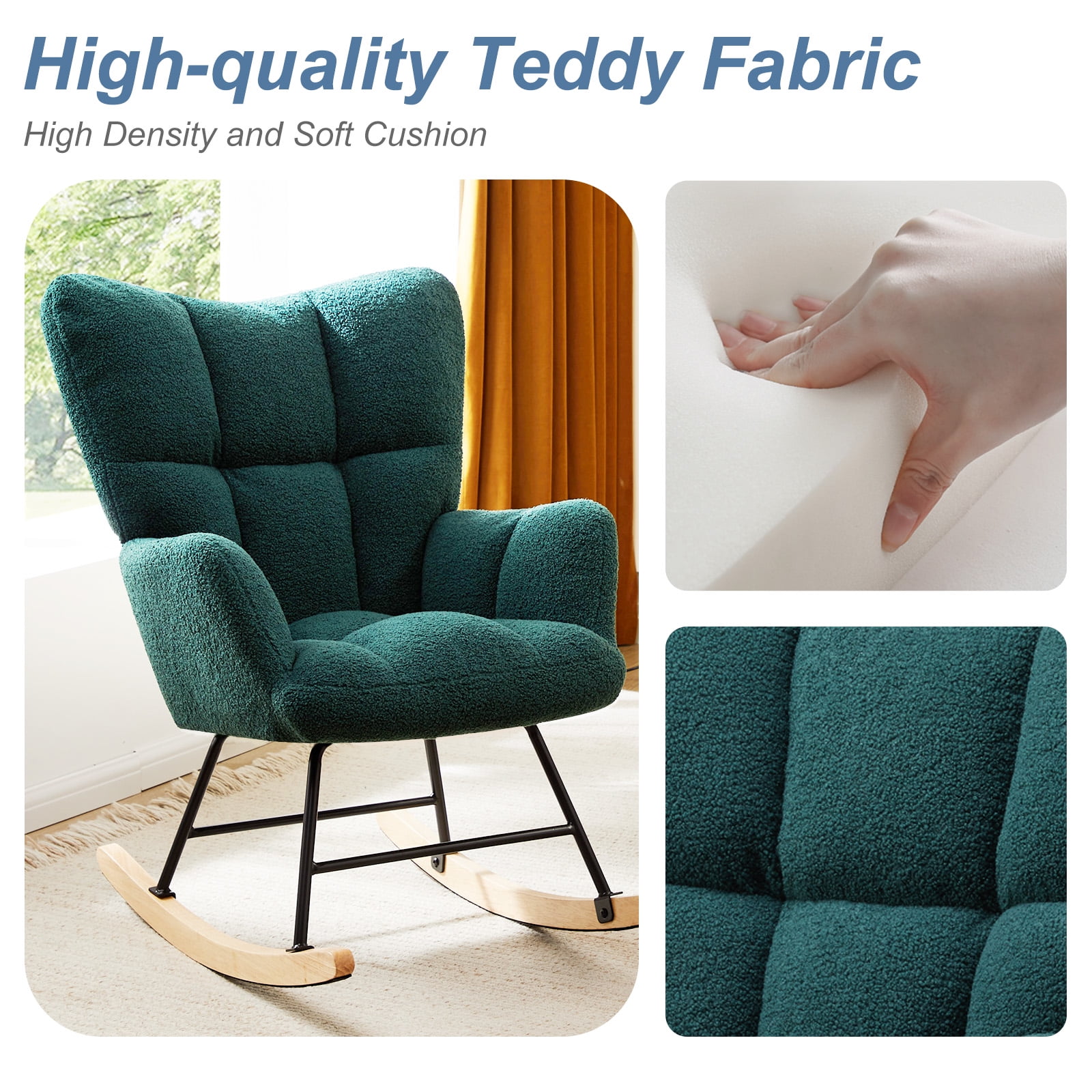CONCETTA Rocking Chair Teddy, High Backrest, Comfortable Stylish with Padded Seat Glider Rocker for Living Rooms, Bedrooms, Offices, Green