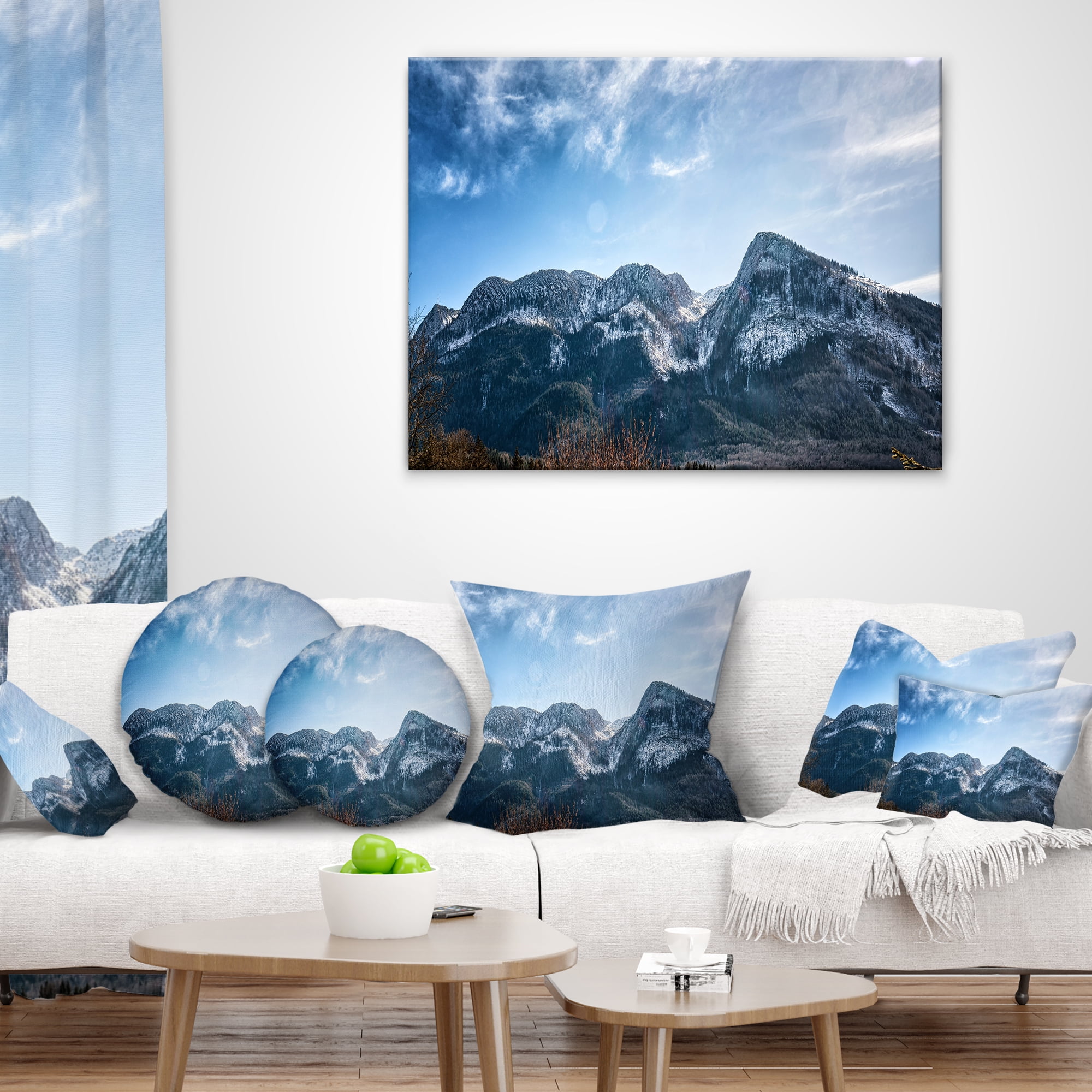 Designart Winter Mountains with Sun Flare - Landscape Printed Throw Pillow - 18x18