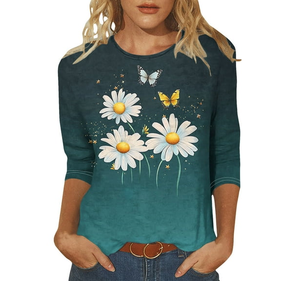 Plus Size Womens Tops Cute Butterfly Daisy Floral Printed 3/4 Sleeve T Shirts Casual Crewneck Tunic