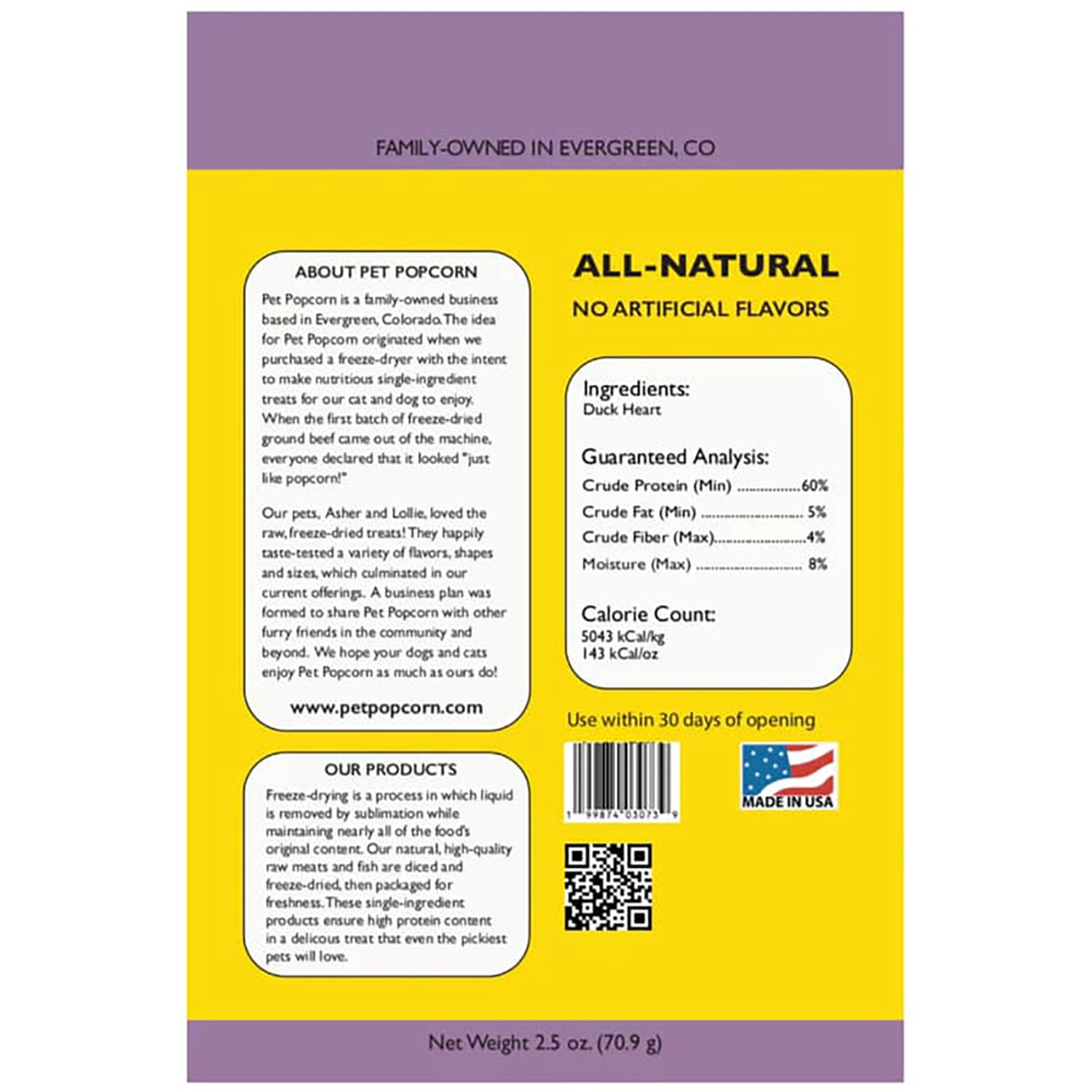 Pet Popcorn: Freeze-Dried Raw Treats - Duck Heart - 2.5oz Bag, Dog & Cat Snacks, Single Ingredient, Natural, Pet Food Topper, Protein‑Packed Meat