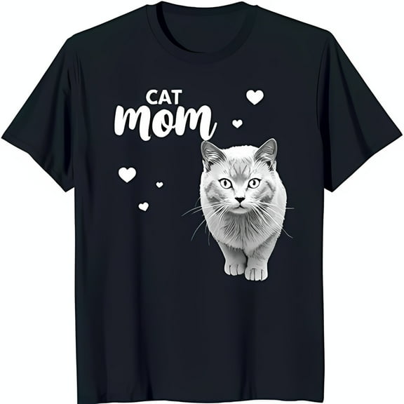 Cat Mom Black T-Shirt with White Hearts & Adorable Cat Graphic for Cat Lovers